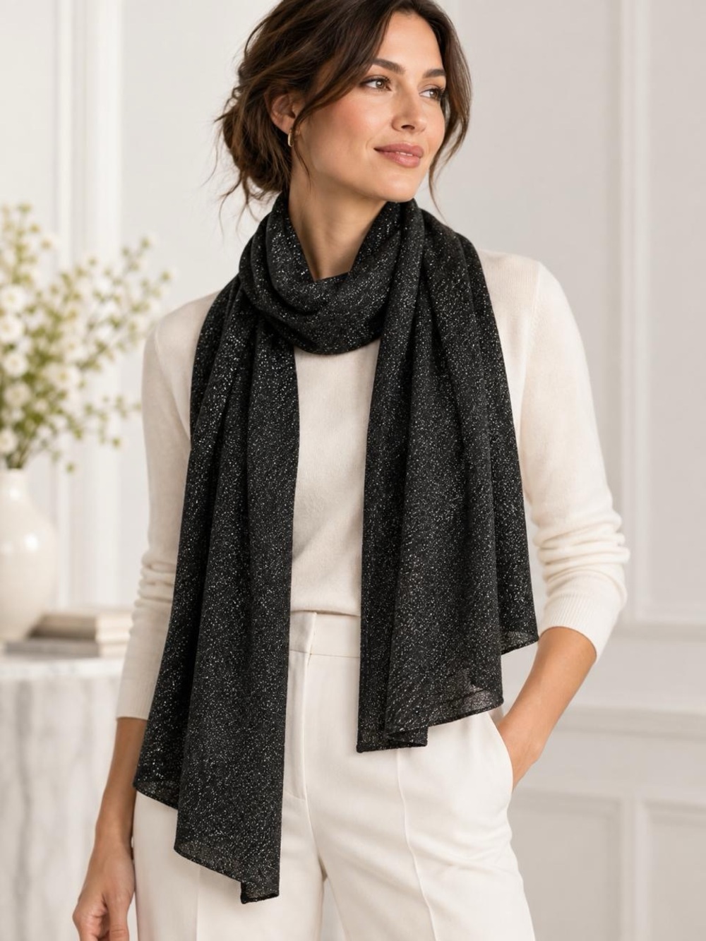 Eileen Fisher Black Metallic Merino Wool Sparkle Scarf Women's OS NWT